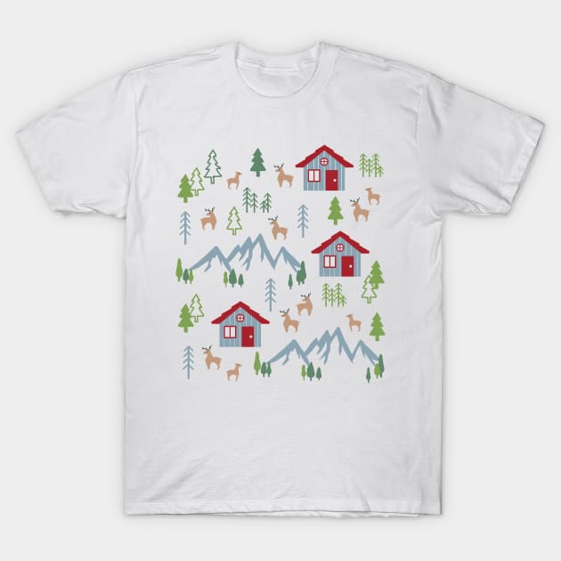 Winter Night Deer Forest Cabin I T-Shirt by FlinArt